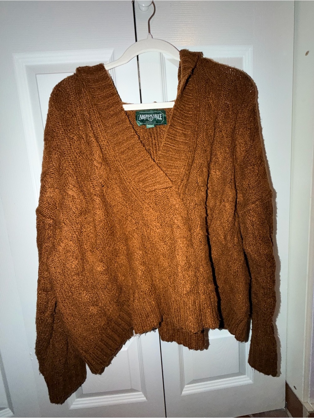 American Eagle Outfitters Women's Hooded V-Neck Cable Knit Sweater - Rust Brown